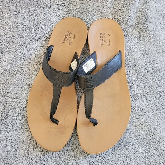 Sorel Lake Slide Womens Size 8.5 Black Leather Thong Sandal Flip Flops 16330 - Picture 2 of 9